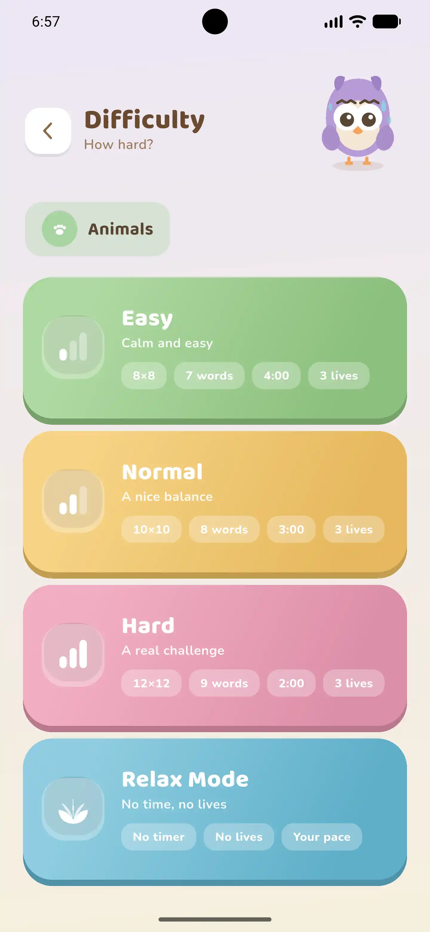 Worddy difficulty screen