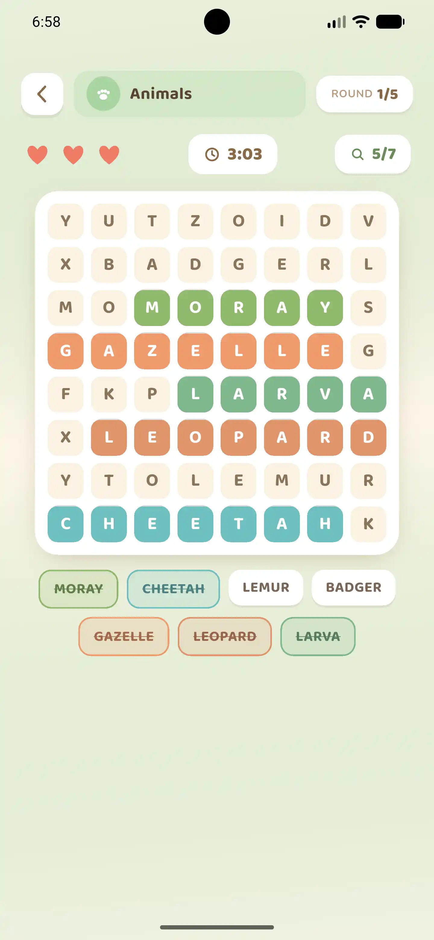 Worddy word search board on a phone